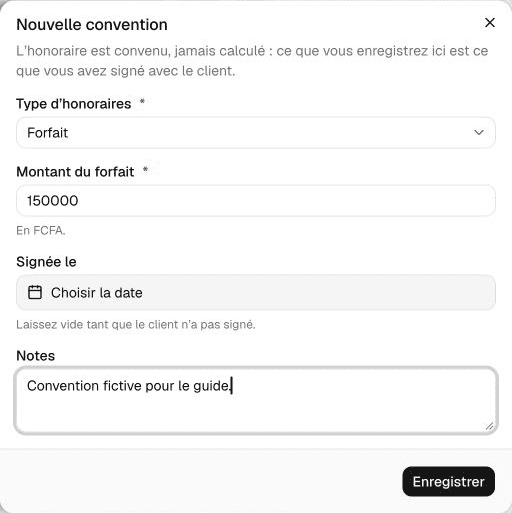 Convention fictive au forfait de 150 000 FCFA, sans date de signature.