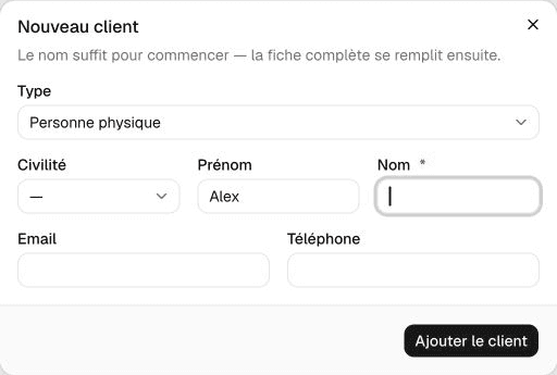 Formulaire Nouveau client avec le nom fictif Alex Exemple.