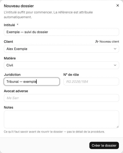 Nouveau dossier rattaché au client fictif Alex Exemple.