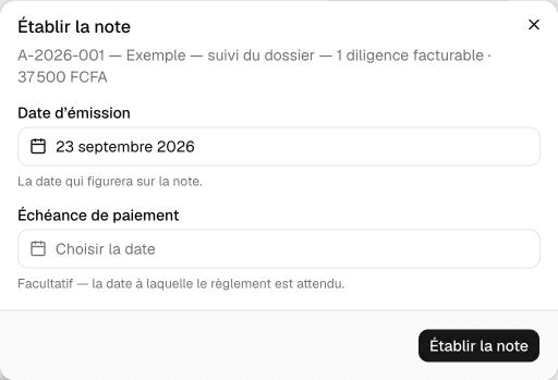 Établir la note : résumé d’une diligence fictive valorisée à 37 500 FCFA et dates.