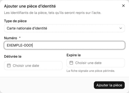 Ajouter une pièce d’identité : type, numéro fictif EXEMPLE-0001 et dates de validité.