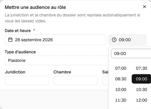 Audience fictive fixée au 28 septembre 2026 à 09:00 dans le formulaire Mettre au rôle.
