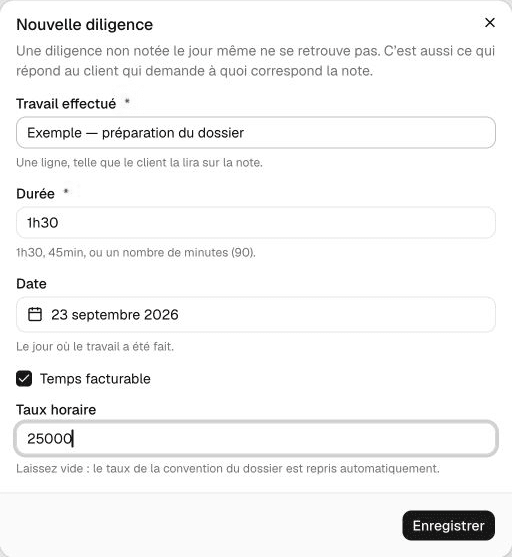 Diligence fictive de 1h30, facturable à 25 000 FCFA par heure.