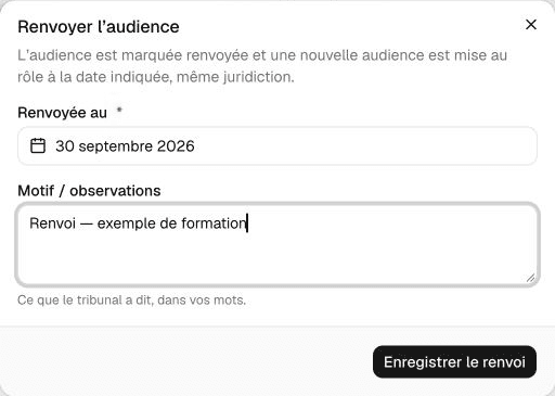 Formulaire de renvoi d’une audience avec la nouvelle date et le motif fictif.